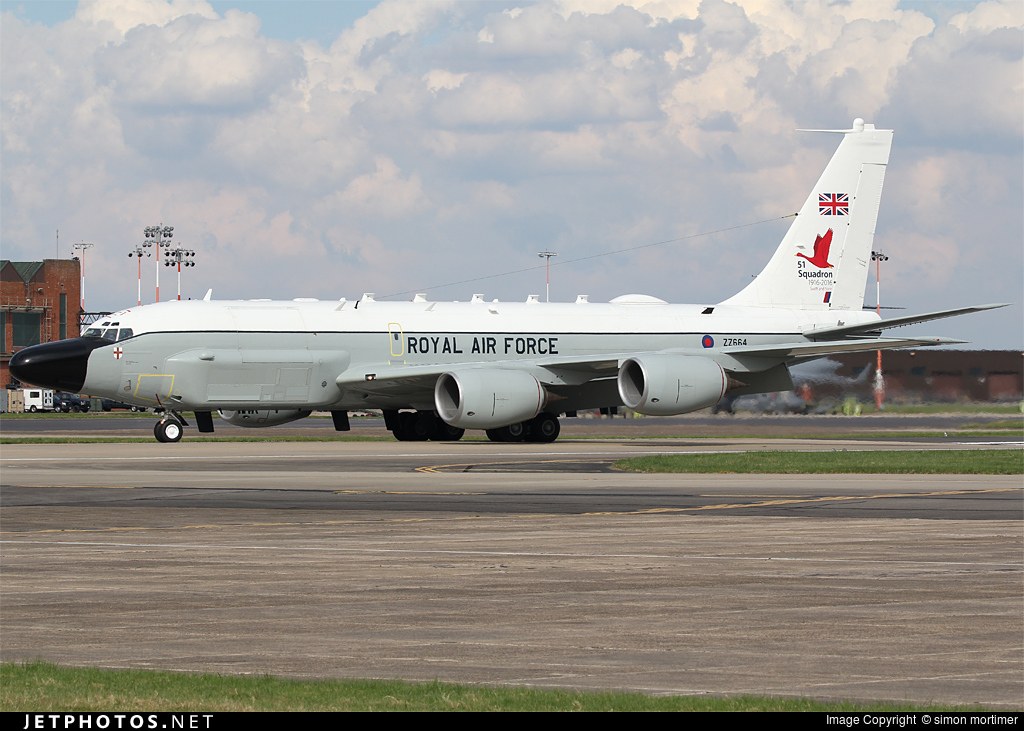 Royal Air Force RC-135W Rivet Joint ZZ664 taxiing on a runway.