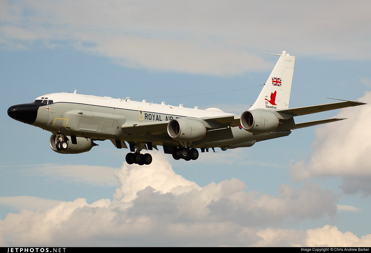 Royal Air Force RC-135W Rivet Joint ZZ664 airborne with landing gear extended.