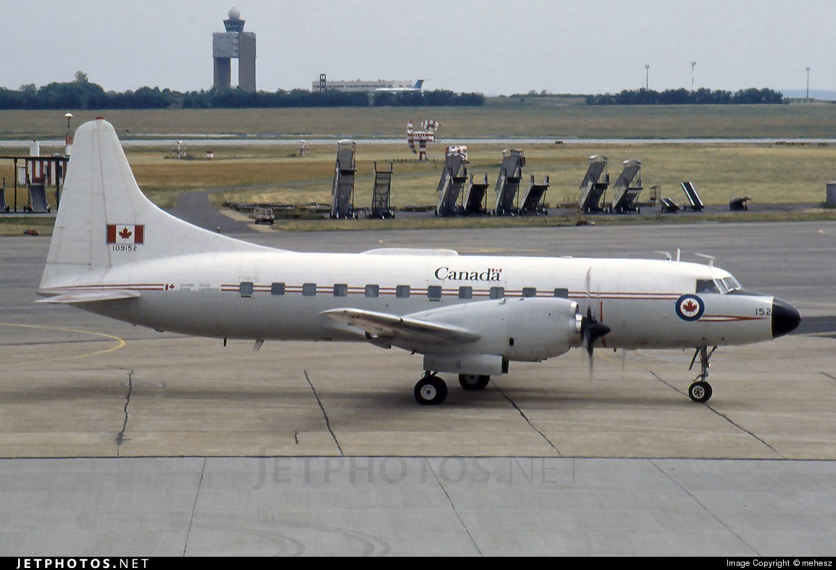 Canadair CC-109 Cosmopolitan 152 taxiing on an airport ramp.
