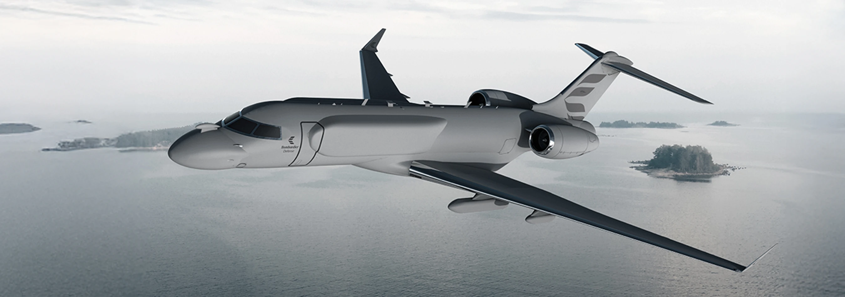 Grey Bombardier Defense Global 6500 aircraft flying over water and islands.