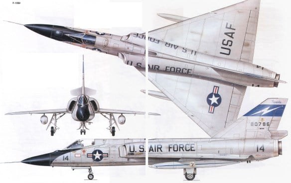 Three-view technical drawing of a Convair F-106 Delta Dart with USAF markings.