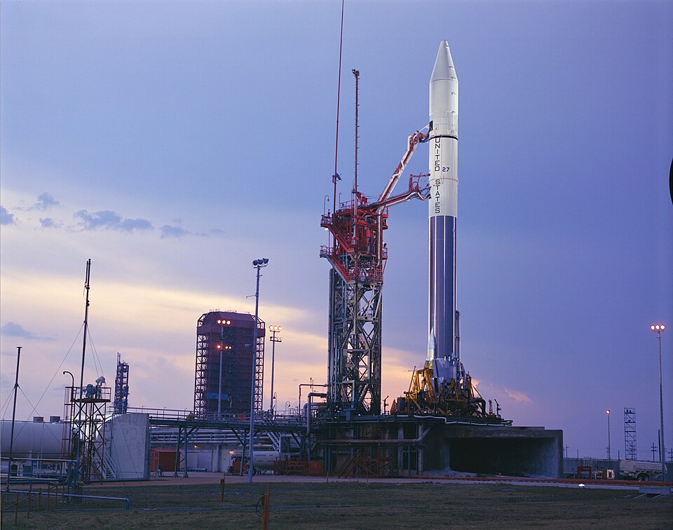 Atlas Centaur 27 with Pioneer 10 on the launch pad, showing the Convair-built Atlas launch-vehicle family in a spaceflight role.