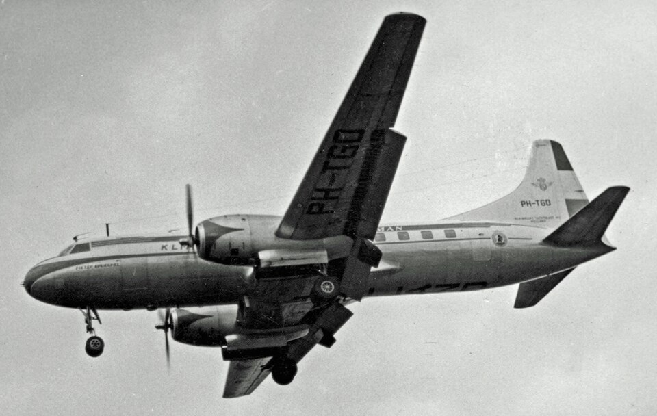 Convair 340 airliner in flight, showing the twin-engine piston airliner produced by Convair for postwar commercial service.