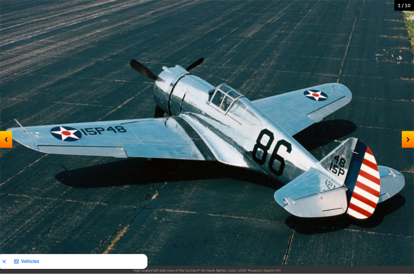 Curtiss P-36 Hawk - High angled left side view of the Curtiss P-36 Hawk fighter; color; USAF Museum, Dayton OH
