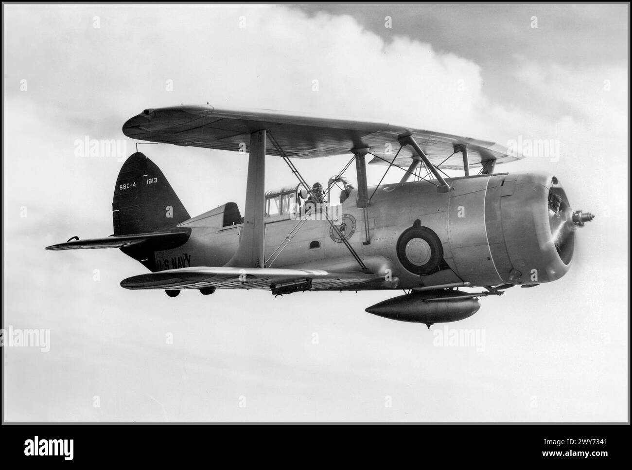 Curtiss SBC Helldiver - WW2 1940 US Navy SBC-4 Helldiver dive bomber in flight under the