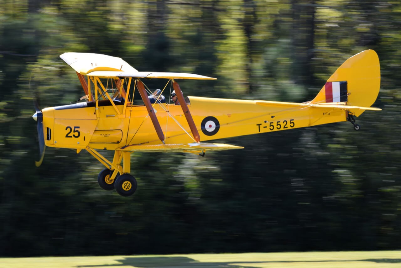 Yellow de Havilland Tiger Moth T-5525 flying low past trees.