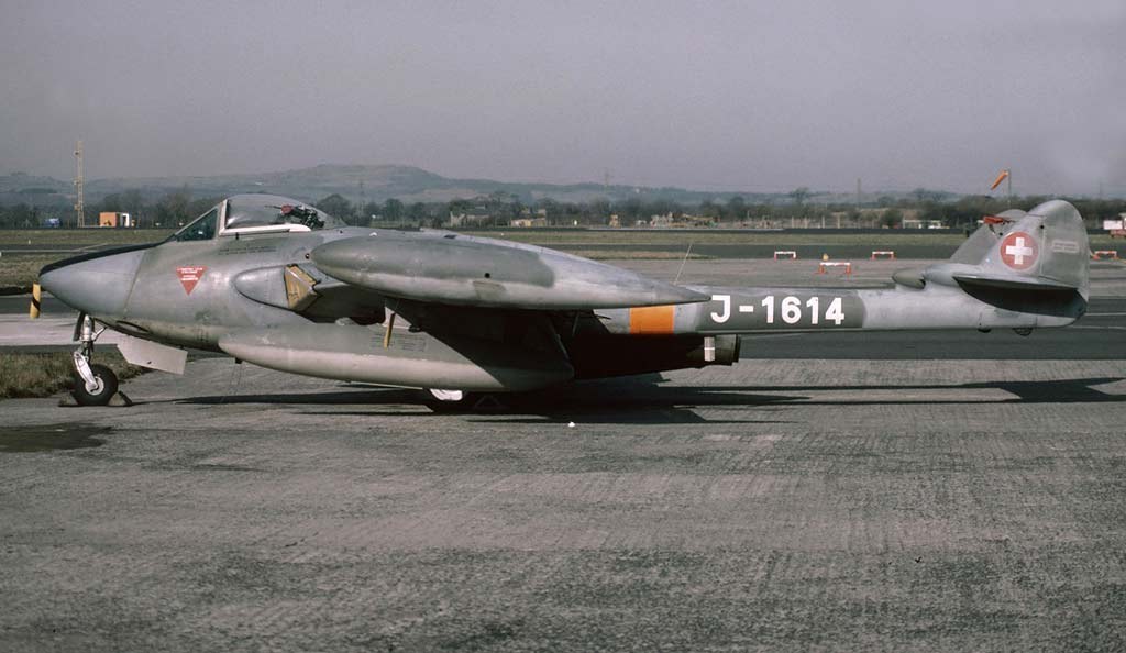 Swiss de Havilland Sea Venom J-1614 parked on a runway.