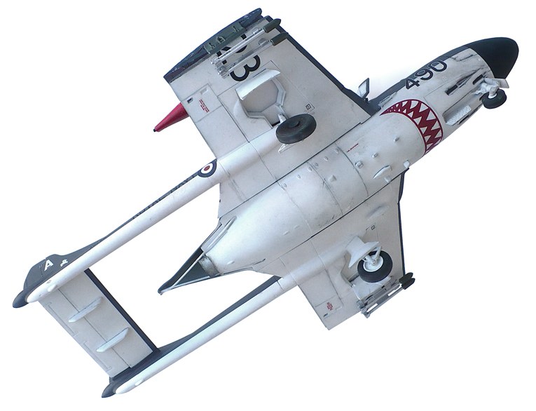 Underside view of a Sea Venom scale model marked 450 with shark-mouth markings.