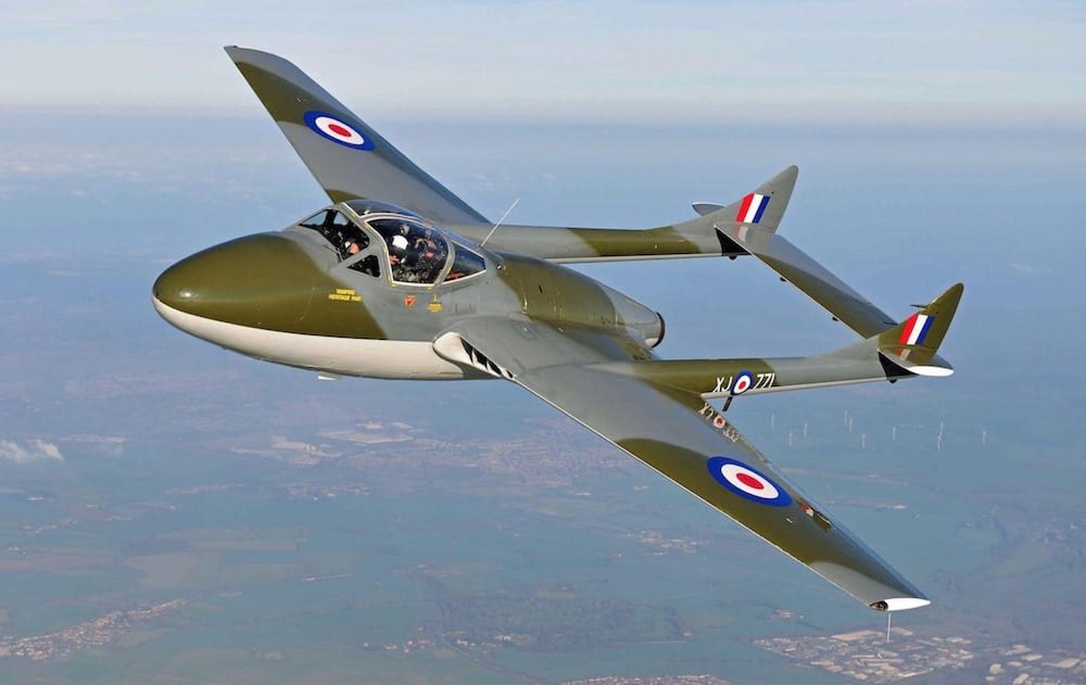 de Havilland Vampire XJ771 flying with RAF roundels and twin-boom tail.