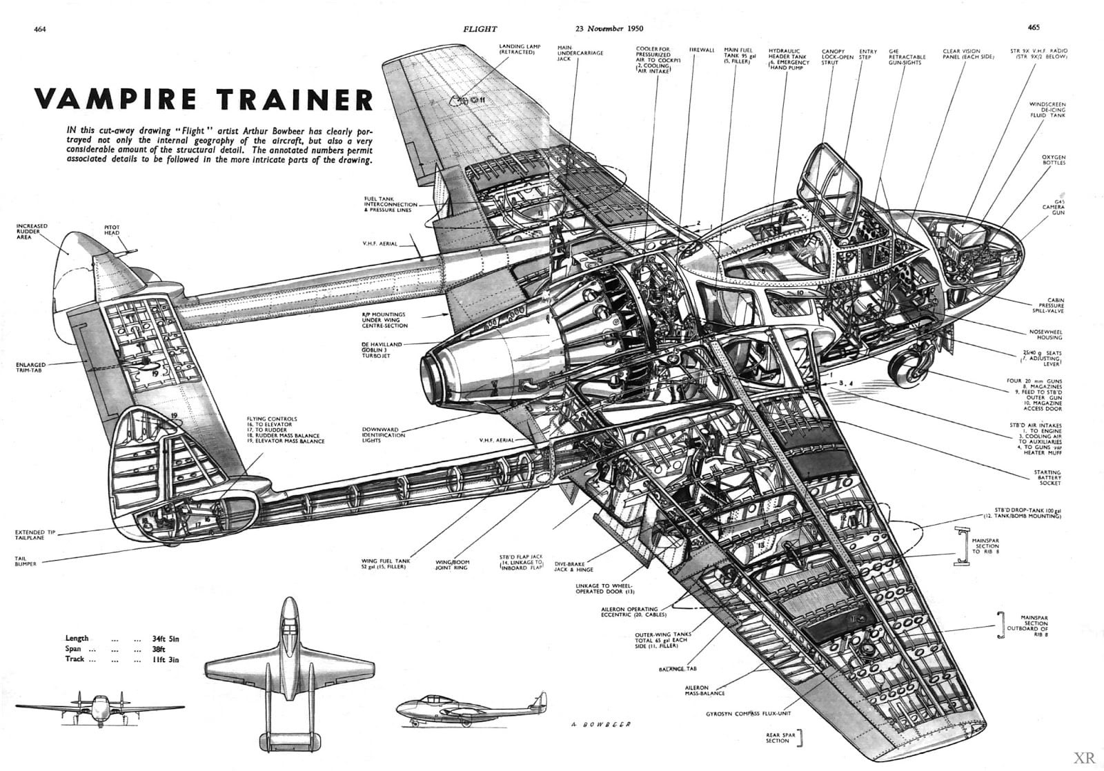 Flight magazine cutaway drawing of a de Havilland Vampire Trainer.