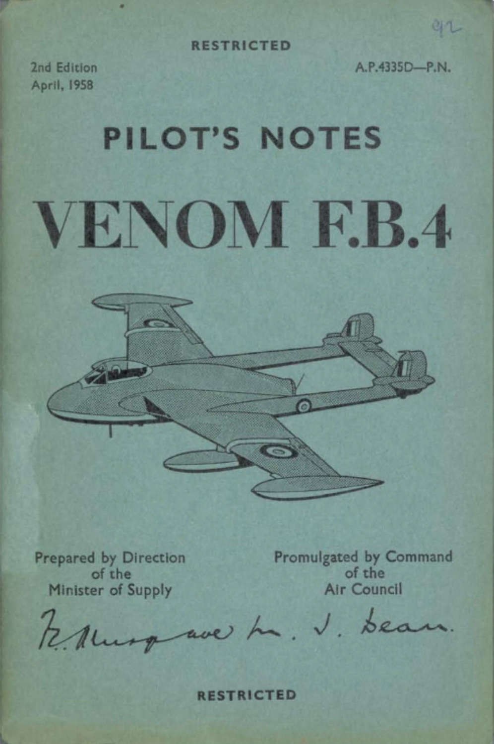 April 1958 Pilot Notes cover for Venom FB.4 with aircraft line drawing.
