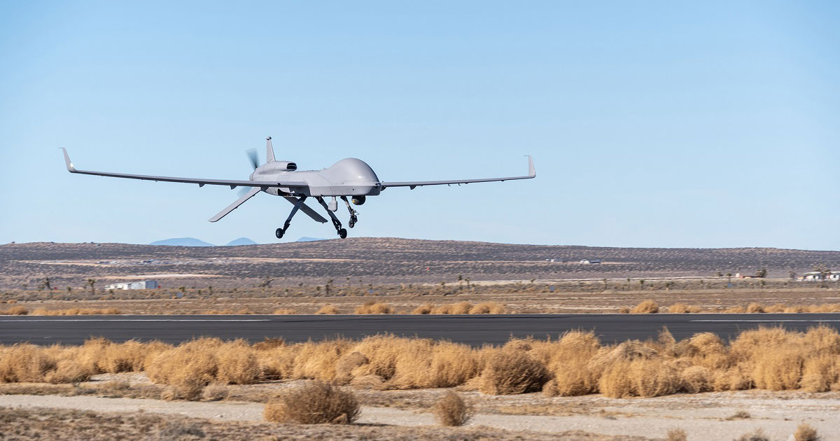 GA-ASI Gray Eagle unmanned aircraft approaching a runway with landing gear down