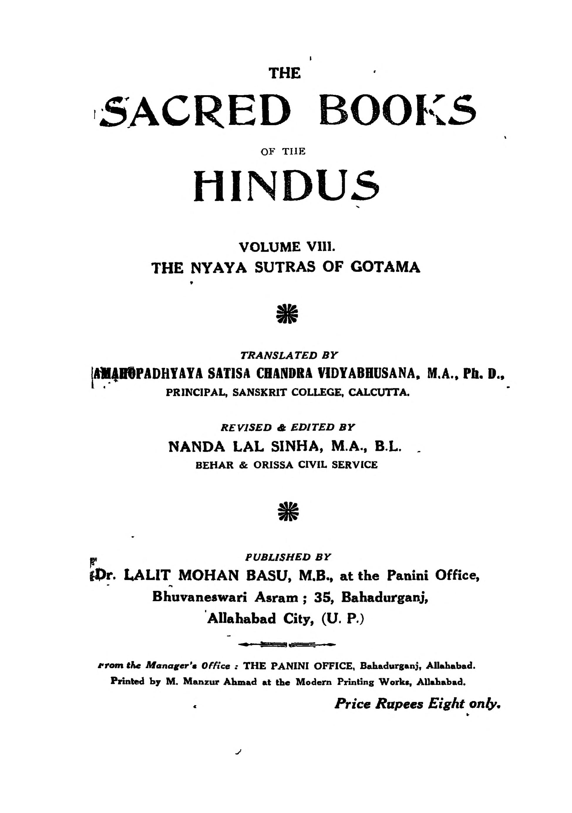 The Nyaya Sutras of Gotama, Sacred Books of the Hindus volume title