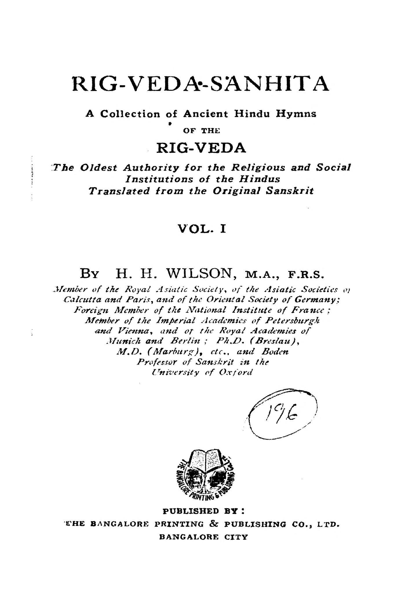 Rig-Veda-Sanhita, Wilson volume I title page
