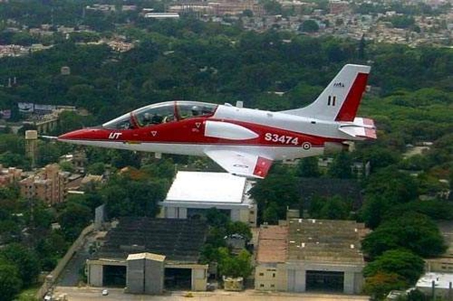 HAL HJT-36 Sitara red and white prototype in flight
