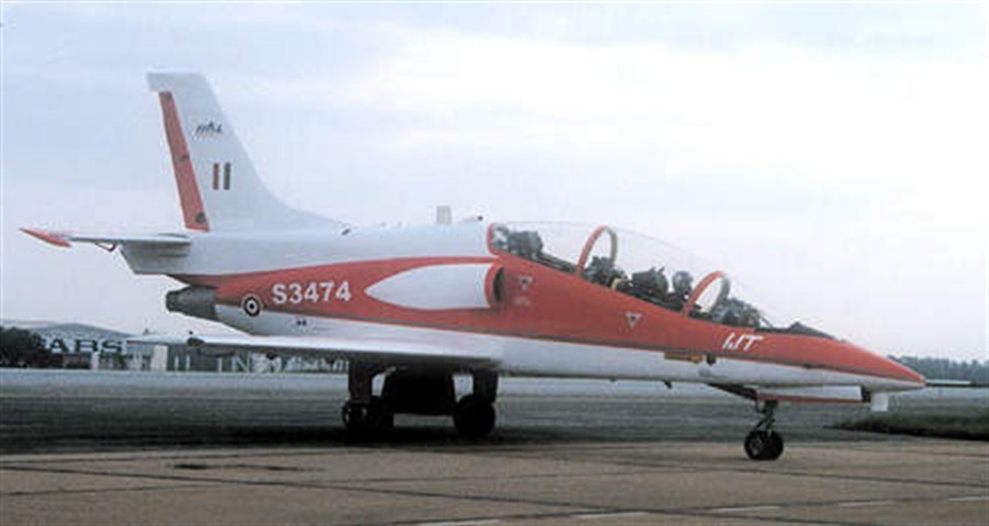 HAL HJT-36 Sitara red and white prototype on the ground