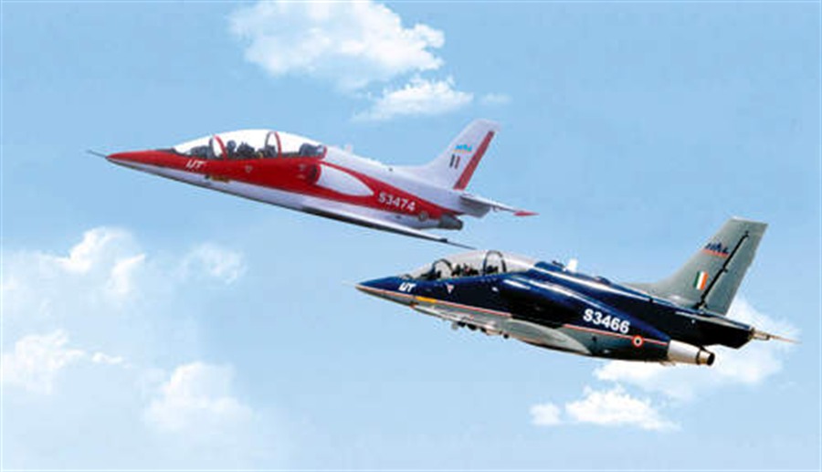 HAL HJT-36 Sitara red and blue prototypes in formation flight