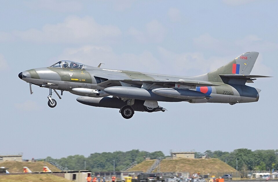 Hawker Hunter jet aircraft in flight near RIAT Fairford, showing Hawker's postwar swept-wing fighter design.
