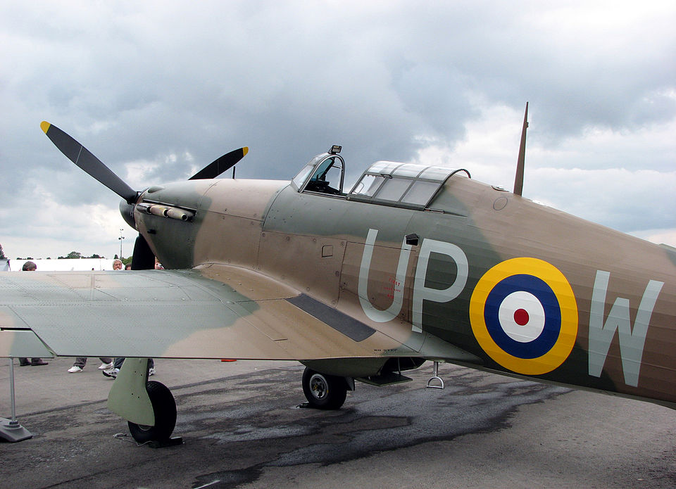 Hawker Hurricane fighter in Royal Air Force markings, showing the World War II fighter aircraft produced by Hawker.