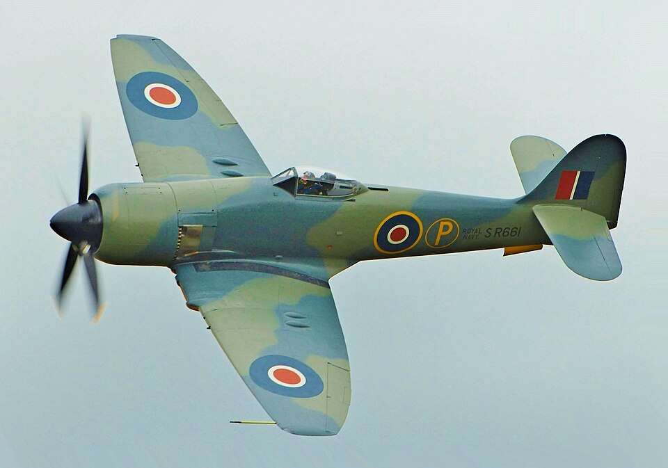 Hawker Sea Fury in flight in Royal Air Force-style markings, showing the late piston-engine fighter developed after the Hurricane and Tempest era.