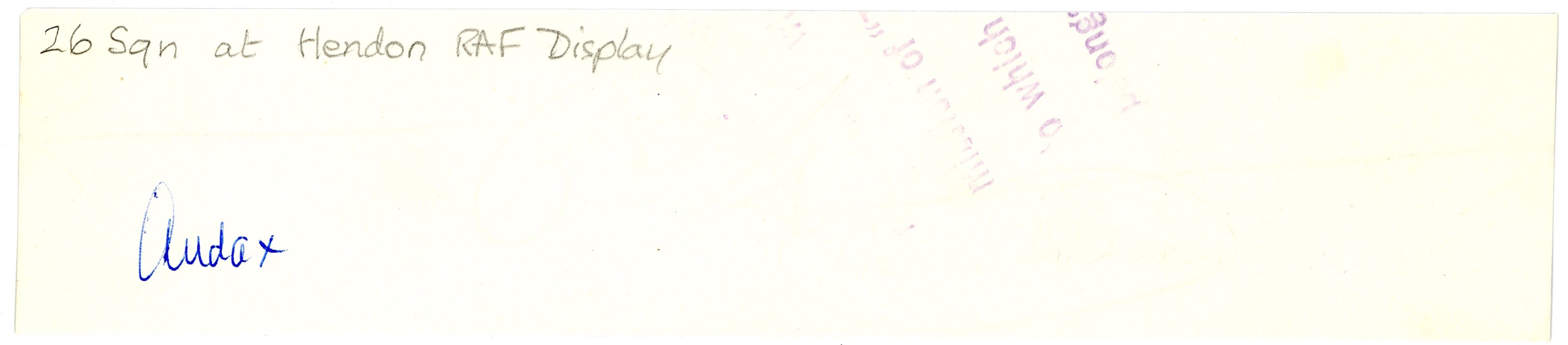 Pale archive sheet with handwritten Audax note and purple stamps.