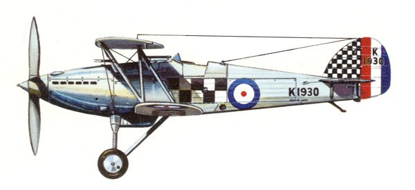 Color side profile illustration of Hawker Fury K1930 with RAF roundel.