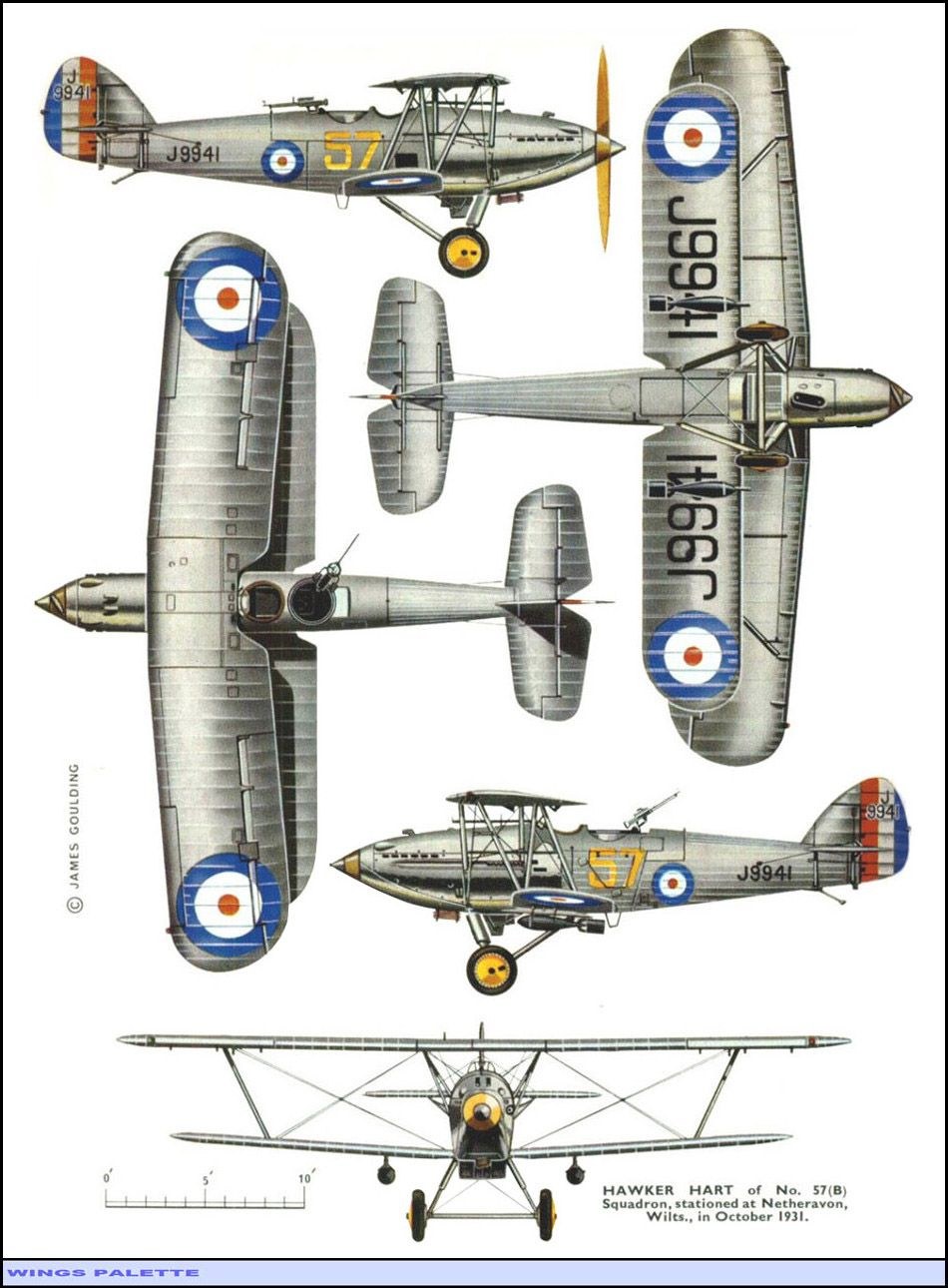 Illustrated Hawker Hart J9941 profile, plan, and front views.
