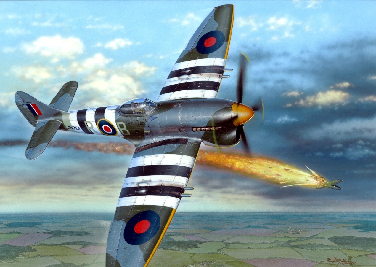 Artwork of Hawker Tempest JN751 marked R-B firing across a cloudy sky.