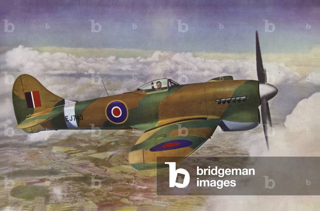 Artwork of camouflaged Hawker Tempest EJ743 flying near clouds.