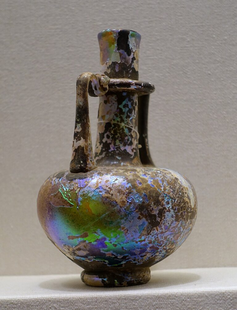Two handled jug, Eastern Mediterranean, 4th 5th century AD, free blown glass with applied elements California Palace of the Legion of Honor San Francisco, CA