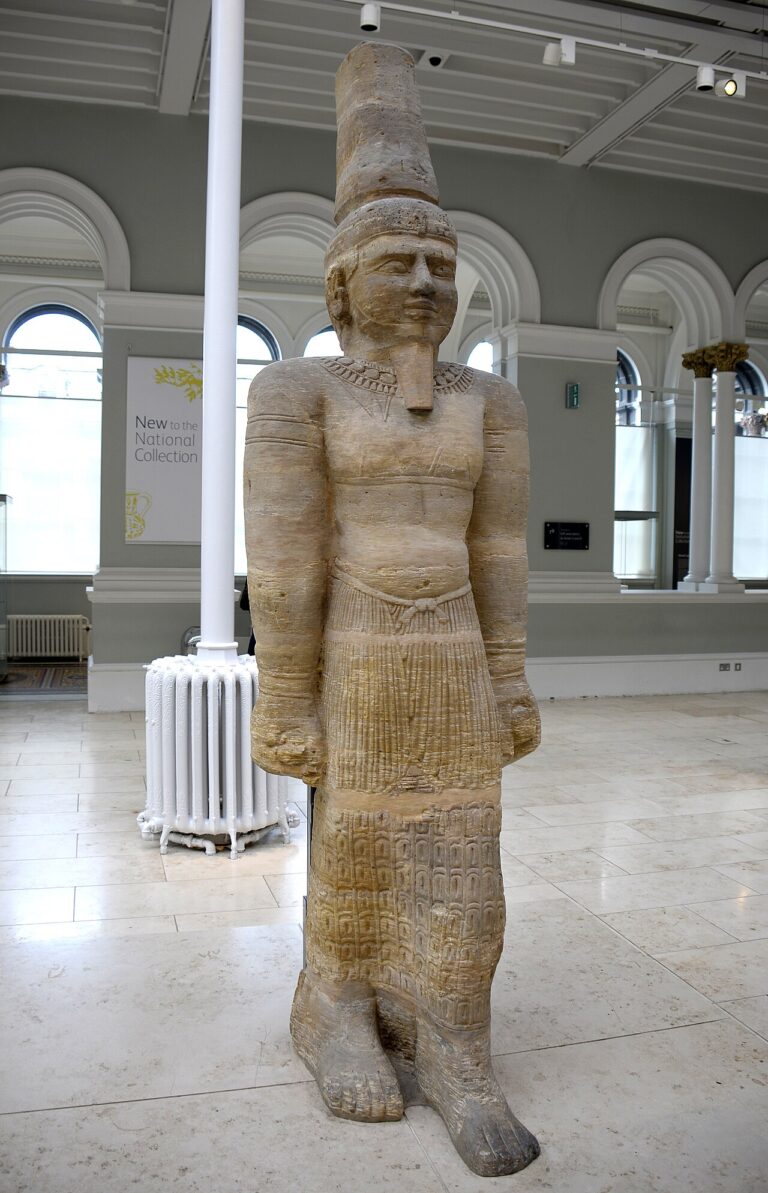 Temple statue of god Arensnuphis, from Meroe, Nubia, 50 BCE. Sandstone. National Museum of Scotland, Edinburgh, Scotland, UK