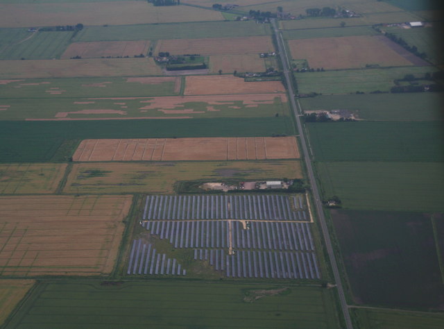 Solar farm by the A151, Bourne North Fen, aerial