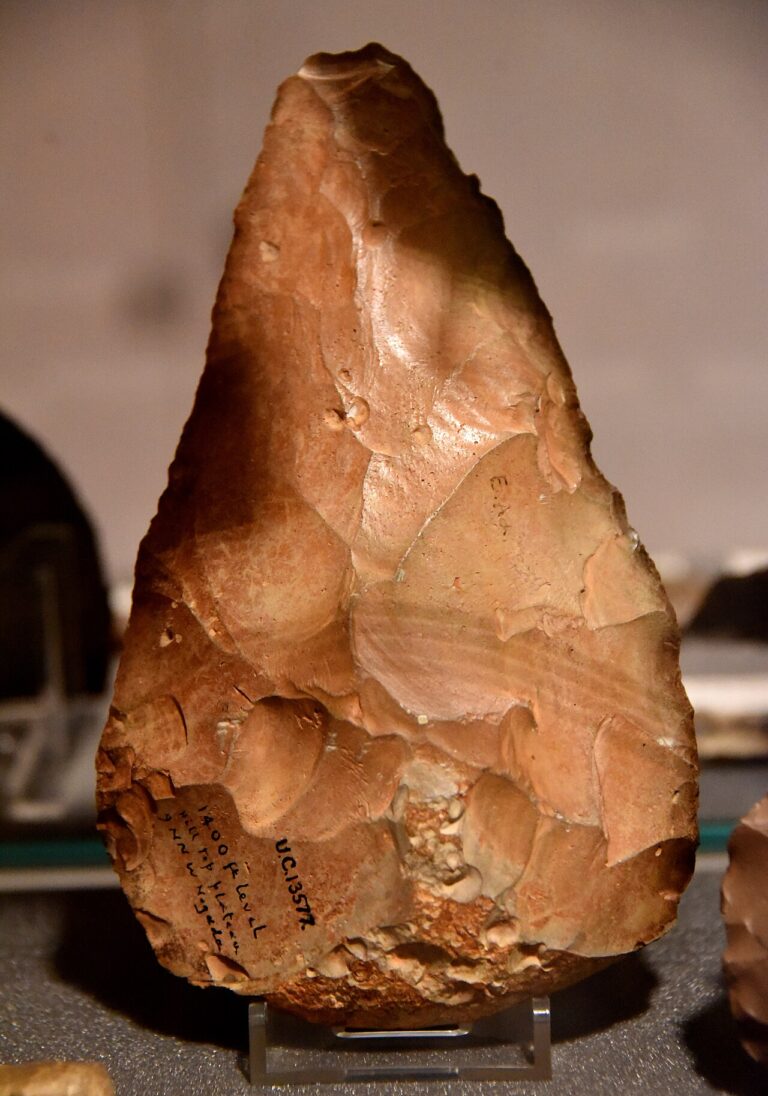 Acheulean hand axe from Egypt. Found on a hill top plateau, feet above sea level, 9 miles NNW of the city of Naqada, Egypt. Paleolithic. The Petrie Museum of Egyptian Archaeology, London