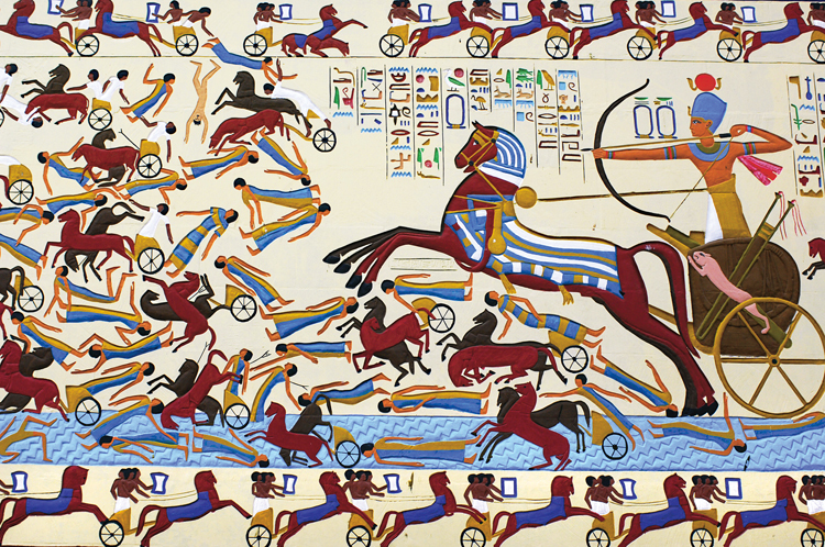 Modern loose interpretation at the The Pharaonic Village in Cairo of a Battle scene from the Great Kadesh reliefs of Ramses II on the Walls of the Ramesseum