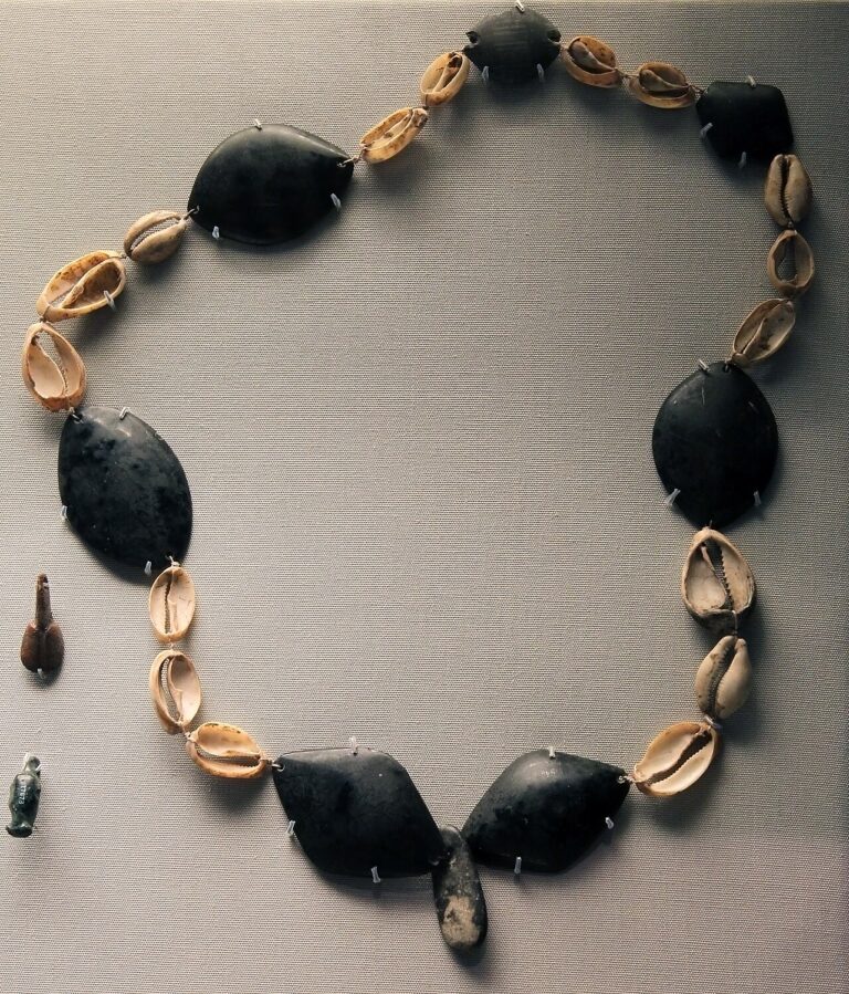 British Museum Middle east Necklace Obsidian beads and cowrie shells Halaf period