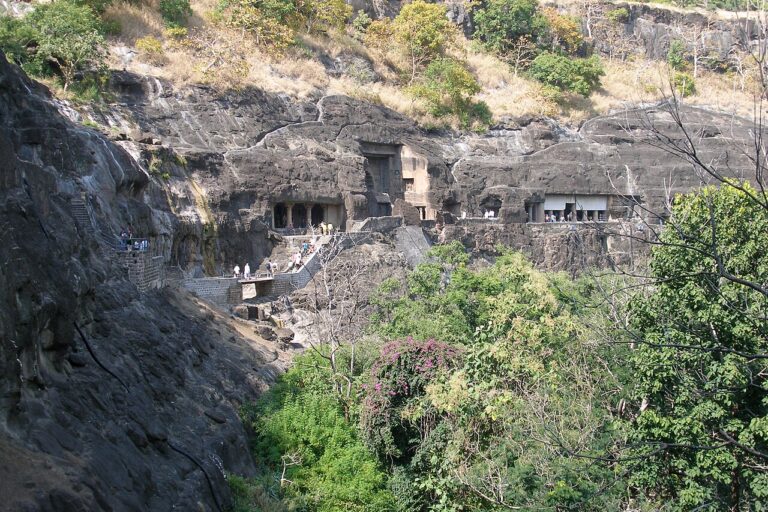 Ajanta Caves, India, view of Ajanta basalt cliffs and caves