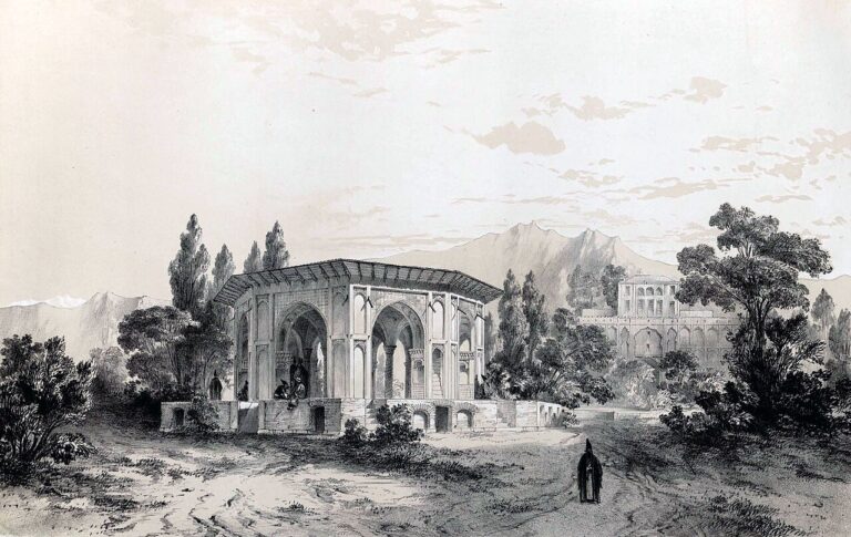 Gazebo and gardens of the palace of Qasr e Qajar by Eugène Flandin