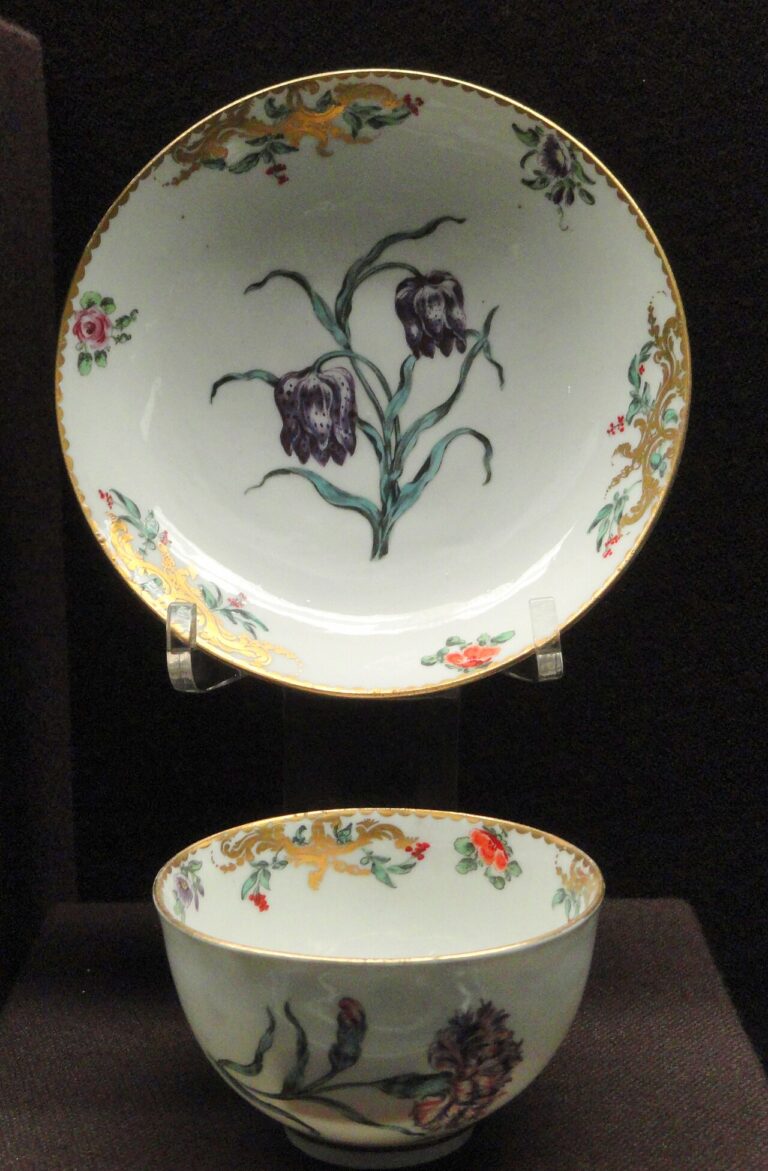 Teabowl and saucer, c., Bristol China Manufactory, decoration atttributed to Henry Bone, hard paste porcelain, overglaze enamels, gilding Gardiner Museum, Toronto