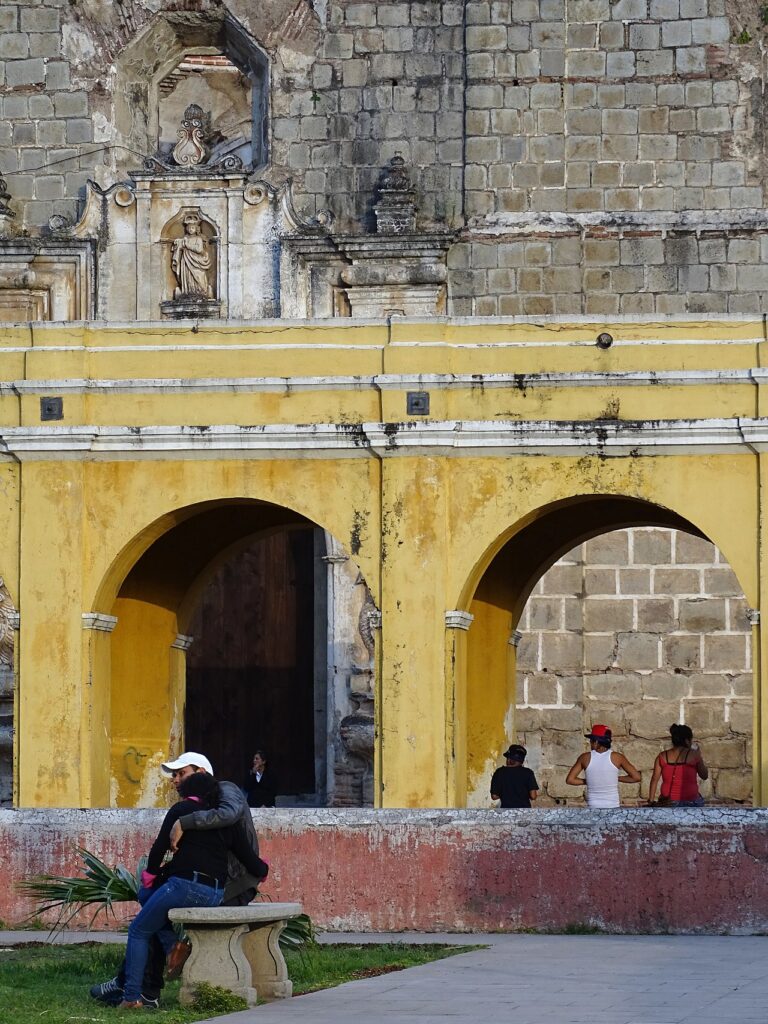 Park Scene with Colonial Facade Antigua Guatemala Guatemala
