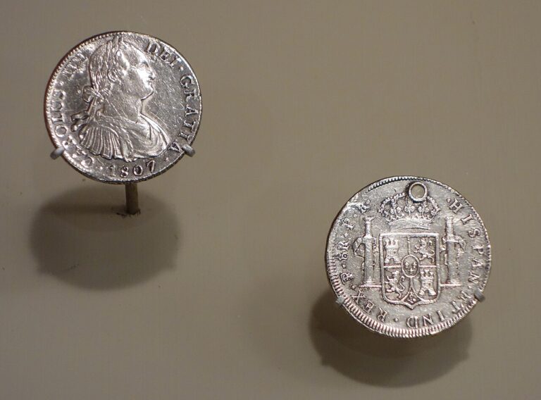 reales, Spanish coins, King Charles IV, left from the Mexico City mint, right from the Potosi Mint in Bolivia, silver Winterthur Museum