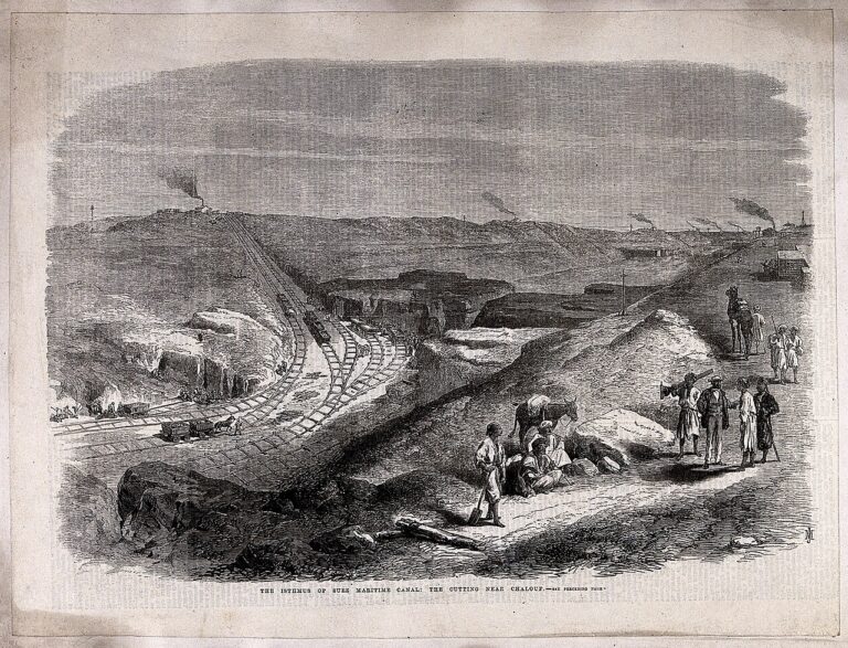 Civil engineering: work on the Suez canal. Wood engraving