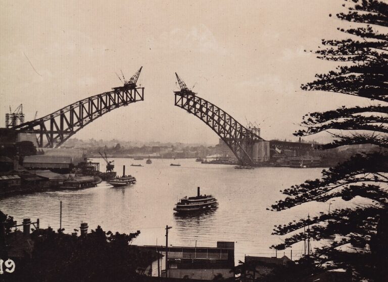 Construction of Sydney Harbour Bridge looking from Lavender Bay c