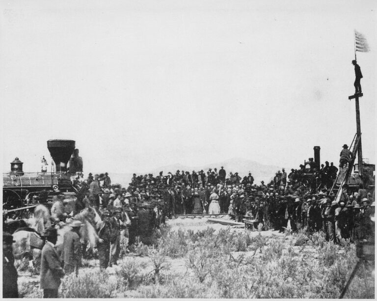 Joining the tracks for the first transcontinental railroad, Promontory, Utah, Terr