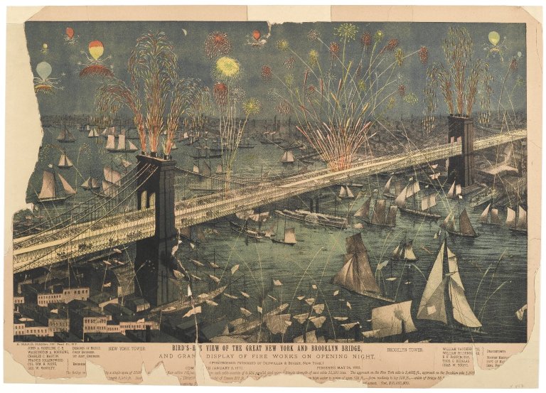 Bird's Eye View of the Great New York and Brooklyn Bridge and Grand Display of Fire Works on Opening Night