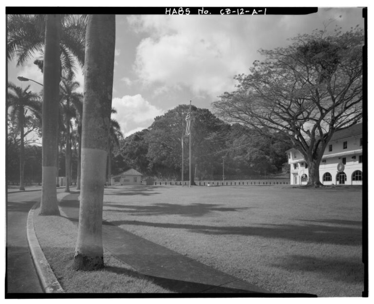 General view of grounds and gatehouse, facing south. Marine Barracks, Panama Canal, Barracks Building, ' North of Thatcher Highway, Balboa, Former Panama Canal Zone, CZ