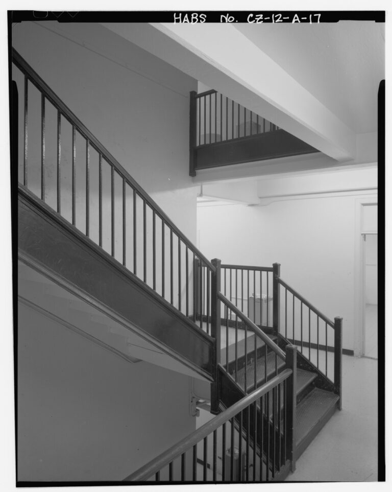 Interior view of southernmost stairway, facing southwest. Marine Barracks, Panama Canal, Barracks Building, ' North of Thatcher Highway, Balboa, Former Panama Canal Zone, CZ