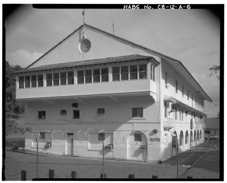 south side from highway, facing north. Marine Barracks, Panama Canal, Barracks Building, ' North of Thatcher Highway, Balboa, Former Panama Canal Zone, CZ