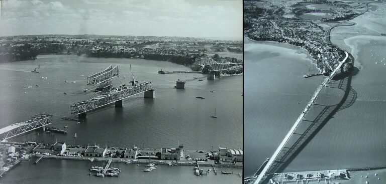 Auckland Harbour Bridge under construction and after opening