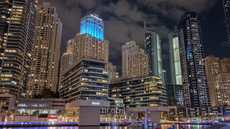 Dubai Marina towers at night
