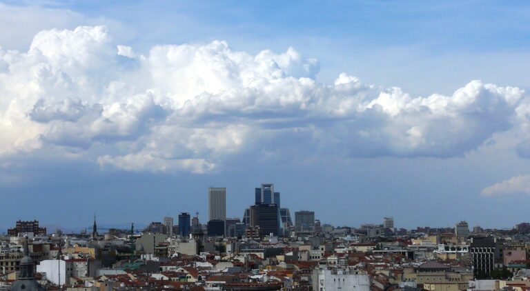 Madrid skyline under storm clouds